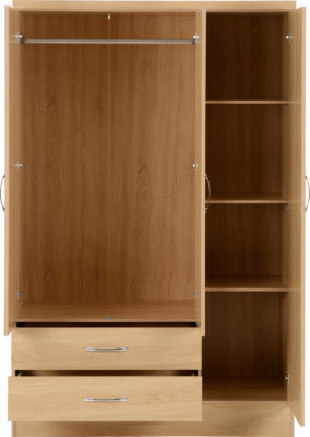 3 Doors 2 Drawers Oak Wardrobe with Mirror 